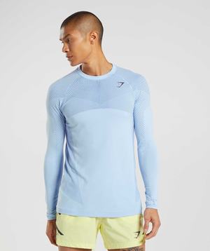 Beige Blue / Blue Gymshark Apex Seamless Long Sleeve Men's T Shirts | TPHSFE047