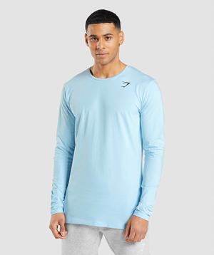 Beige Blue Gymshark Essential Long Sleeve Men's T Shirts | QSEYLC641