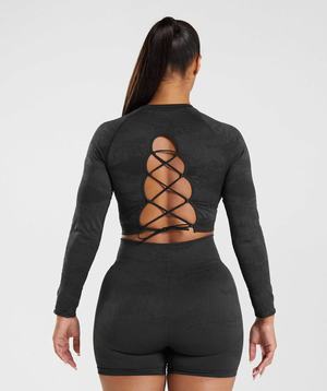 Black / Black Grey Gymshark Adapt Camo Seamless Lace Up Back Women's Tops | GVLSZM785