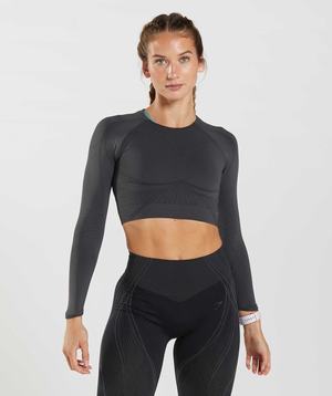 Black Grey / Black Gymshark Apex Seamless Crop Women's Tops | EYLQJD589