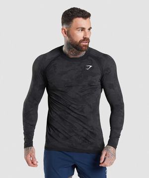 Black / Grey Gymshark Geo Seamless Long Sleeve Men's T Shirts | PJZUOG635