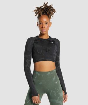 Black Gymshark Adapt Camo Seamless Long Sleeve Crop Women's Tops | PMRZYW615