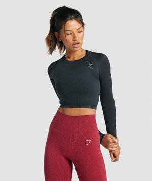 Black Gymshark Adapt Fleck Seamless Long Sleeve Crop Women's Tops | DJFXZQ623