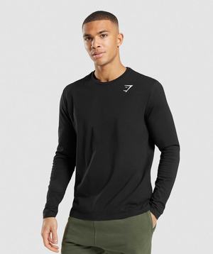 Black Gymshark Crest Long Sleeve Men's T Shirts | WZLQBK246