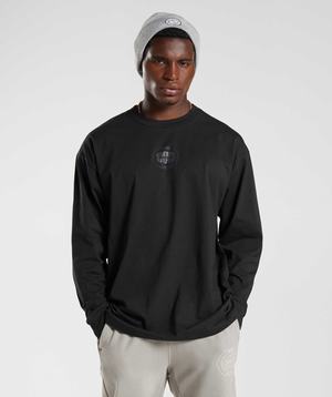 Black Gymshark GS10 Year Oversized Long Sleeve Men's T Shirts | QMZTBW147