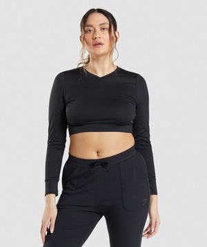 Black Gymshark Pause Open Back Long Sleeve Crop Women's Tops | NRHAIJ687