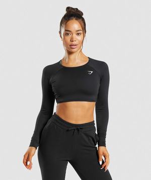 Black Gymshark Training Long Sleeve Crop Women's Tops | KXQMGU032