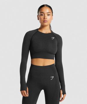 Black Gymshark Vital Seamless 2.0 Long Sleeve Crop Women's Tops | OSNQLE394