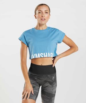 Blue Gymshark Fraction Crop Women's Tops | QABXOE325