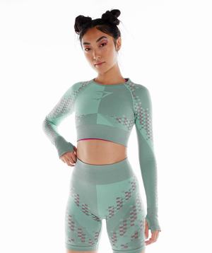 Blue / Pink / Blue Gymshark Wtflex Cyborg Seamless Long Sleeve Crop Women's Tops | BIQXRJ518