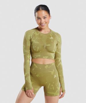 Green Gymshark Adapt Camo Seamless Long Sleeve Crop Women's Tops | RMOKJT689