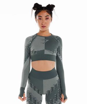 Grey / Black / Light Grey Gymshark Wtflex Cyborg Seamless Long Sleeve Crop Women's Tops | LKYQHN597