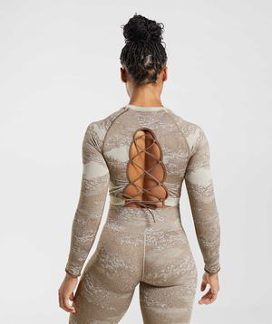 Grey / Brown Gymshark Adapt Camo Seamless Lace Up Back Women's Tops | LJPOUN972