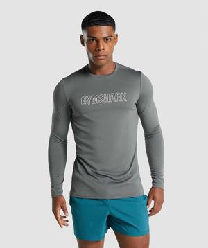 Grey Gymshark Arrival Long Sleeve Graphic Men's T Shirts | KGUDOI435