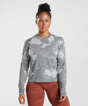 Light Grey / Black Gymshark Adapt Camo Seamless Long Sleeve Women's Tops | EUJYCW823