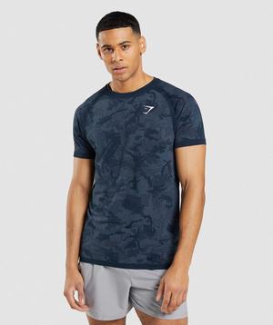 Navy / Blue Gymshark Geo Seamless Men's T Shirts | IKMALR257