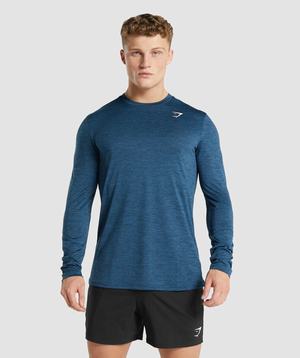 Navy Gymshark Arrival Marl Long Sleeve Men's T Shirts | LISBHP268