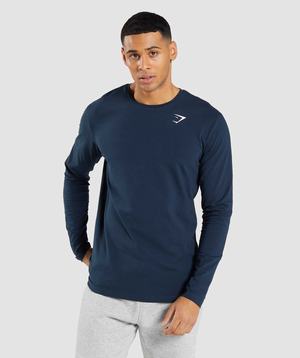 Navy Gymshark Essential Long Sleeve Men's T Shirts | XWVDIO496