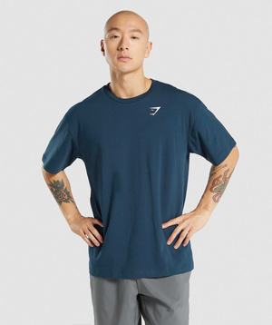 Navy Gymshark Essential Oversized Men's T Shirts | RJNFYE943