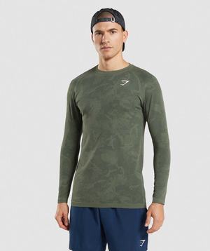 Olive / Black Gymshark Geo Seamless Long Sleeve Men's T Shirts | FWIGRN971