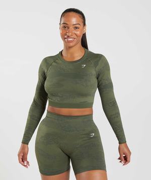 Olive / Olive Gymshark Adapt Camo Seamless Lace Up Back Women's Tops | BGUQLJ743