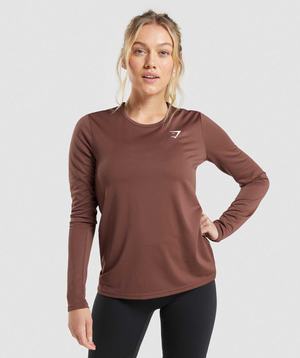 Pink Brown Gymshark Training Long Sleeve Women's Tops | IXVMPC975