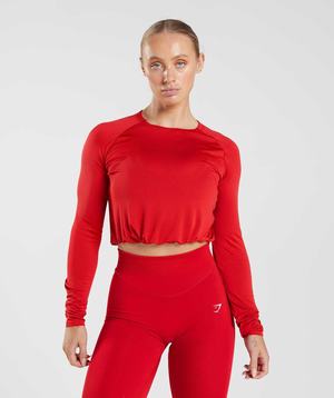 Red Gymshark Sweat Seamless Long Sleeve Crop Women's Tops | YMSUAN547