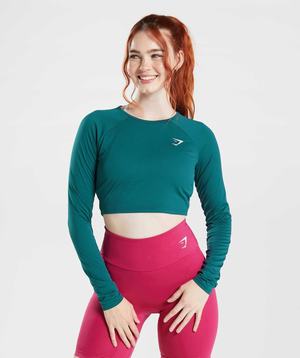 Turquoise Gymshark Training Long Sleeve Crop Women's Tops | CIVJEH520