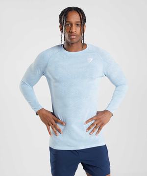 White / Blue Gymshark Geo Seamless Long Sleeve Men's T Shirts | MZUTYI721