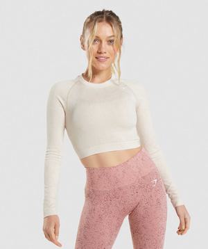 White Gymshark Adapt Fleck Seamless Long Sleeve Crop Women's Tops | QKSBWN421