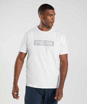 White Gymshark Block Men's T Shirts | RPYZJV603