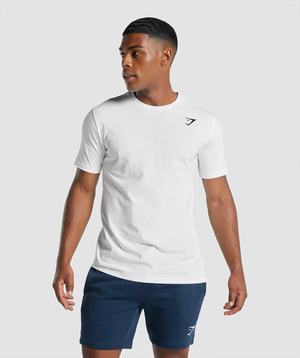 White Gymshark Crest Men's T Shirts | ZXLSVF168