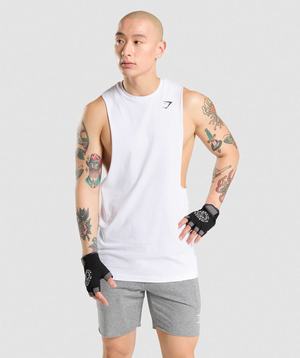 White Gymshark Critical Drop Arm Men's Tanks | DEVUFG784