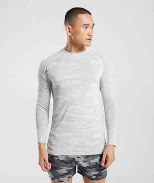 White / Light Grey Gymshark Geo Seamless Long Sleeve Men's T Shirts | XRTGJN519