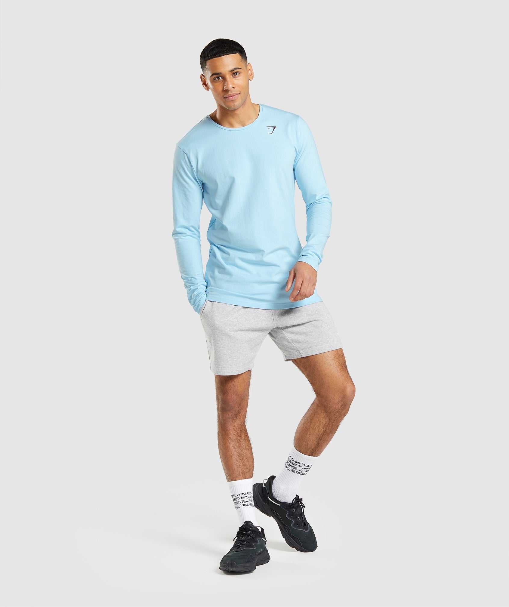 Beige Blue Gymshark Essential Long Sleeve Men's T Shirts | QSEYLC641