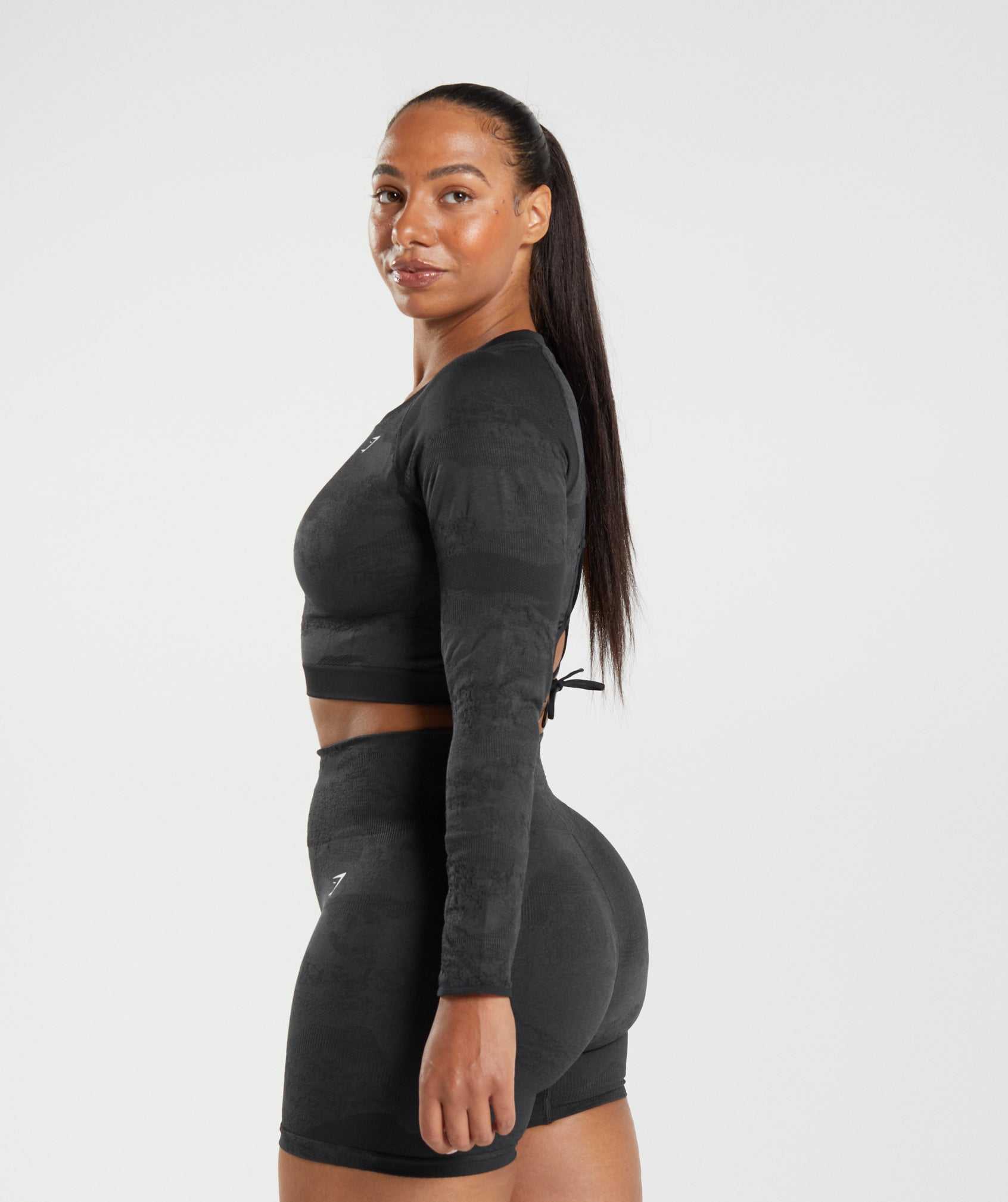 Black / Black Grey Gymshark Adapt Camo Seamless Lace Up Back Women's Tops | GVLSZM785