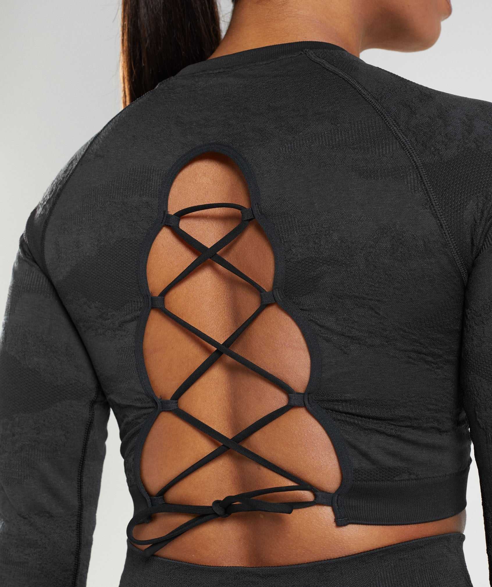 Black / Black Grey Gymshark Adapt Camo Seamless Lace Up Back Women's Tops | GVLSZM785