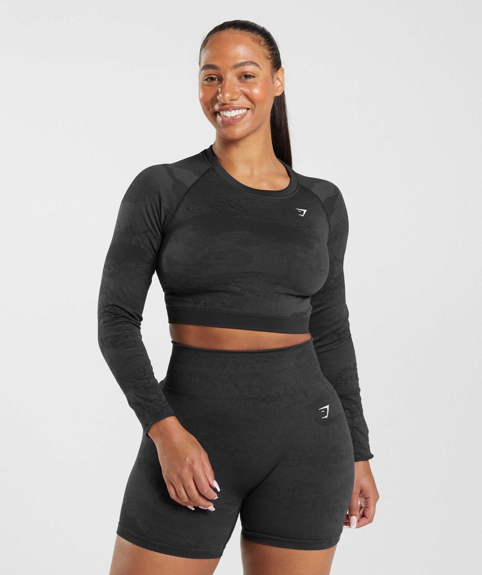 Black / Black Grey Gymshark Adapt Camo Seamless Lace Up Back Women's Tops | SNLWGV023