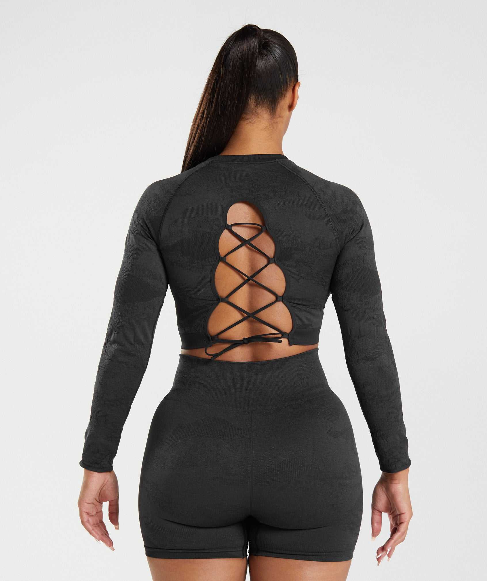 Black / Black Grey Gymshark Adapt Camo Seamless Lace Up Back Women\'s Tops | SNLWGV023