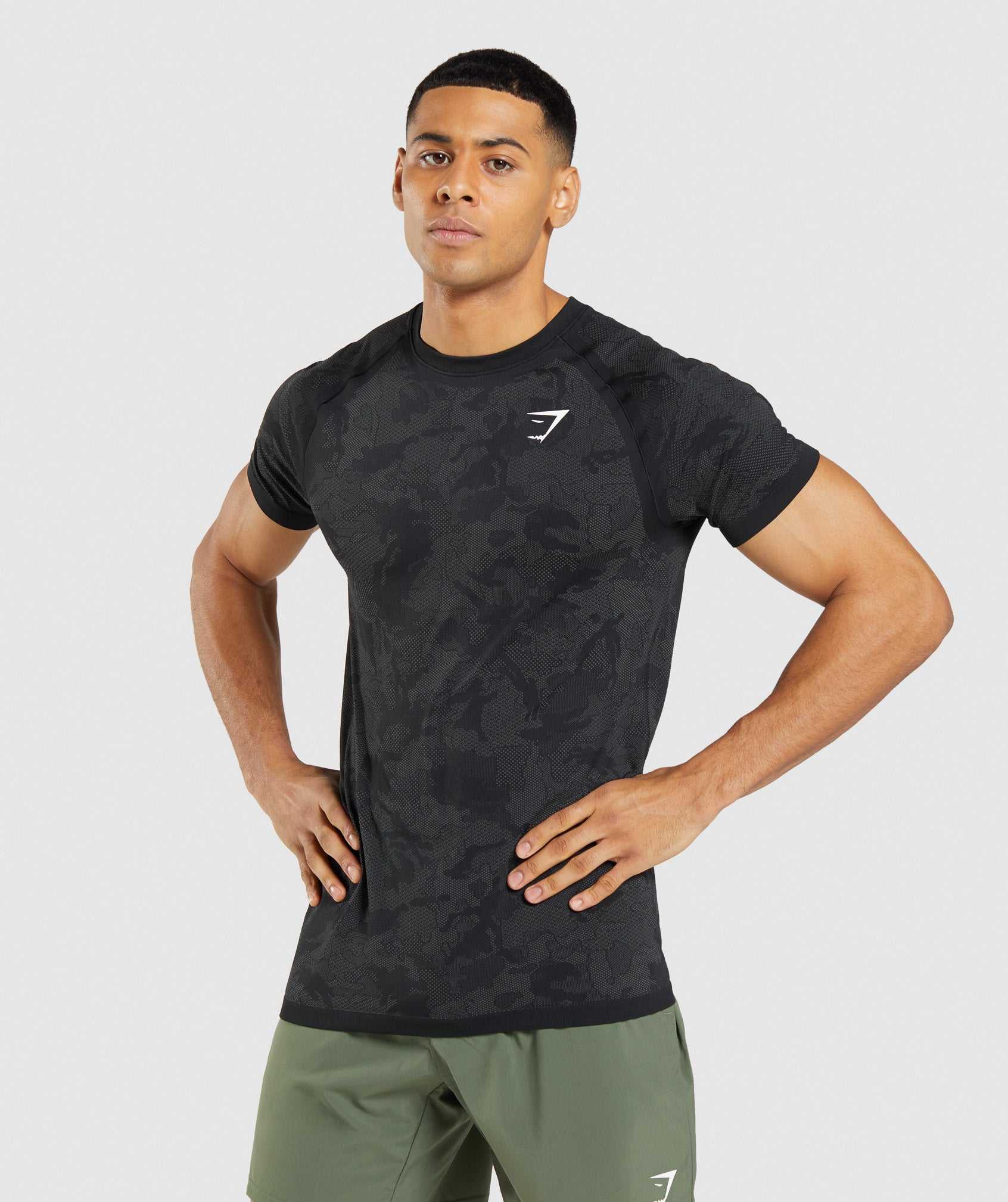 Black / Grey Gymshark Geo Seamless Men\'s T Shirts | VKETAI792