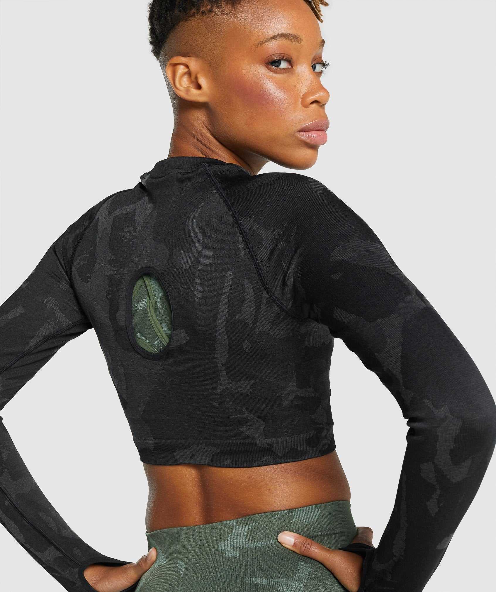 Black Gymshark Adapt Camo Seamless Long Sleeve Crop Women's Tops | PMRZYW615