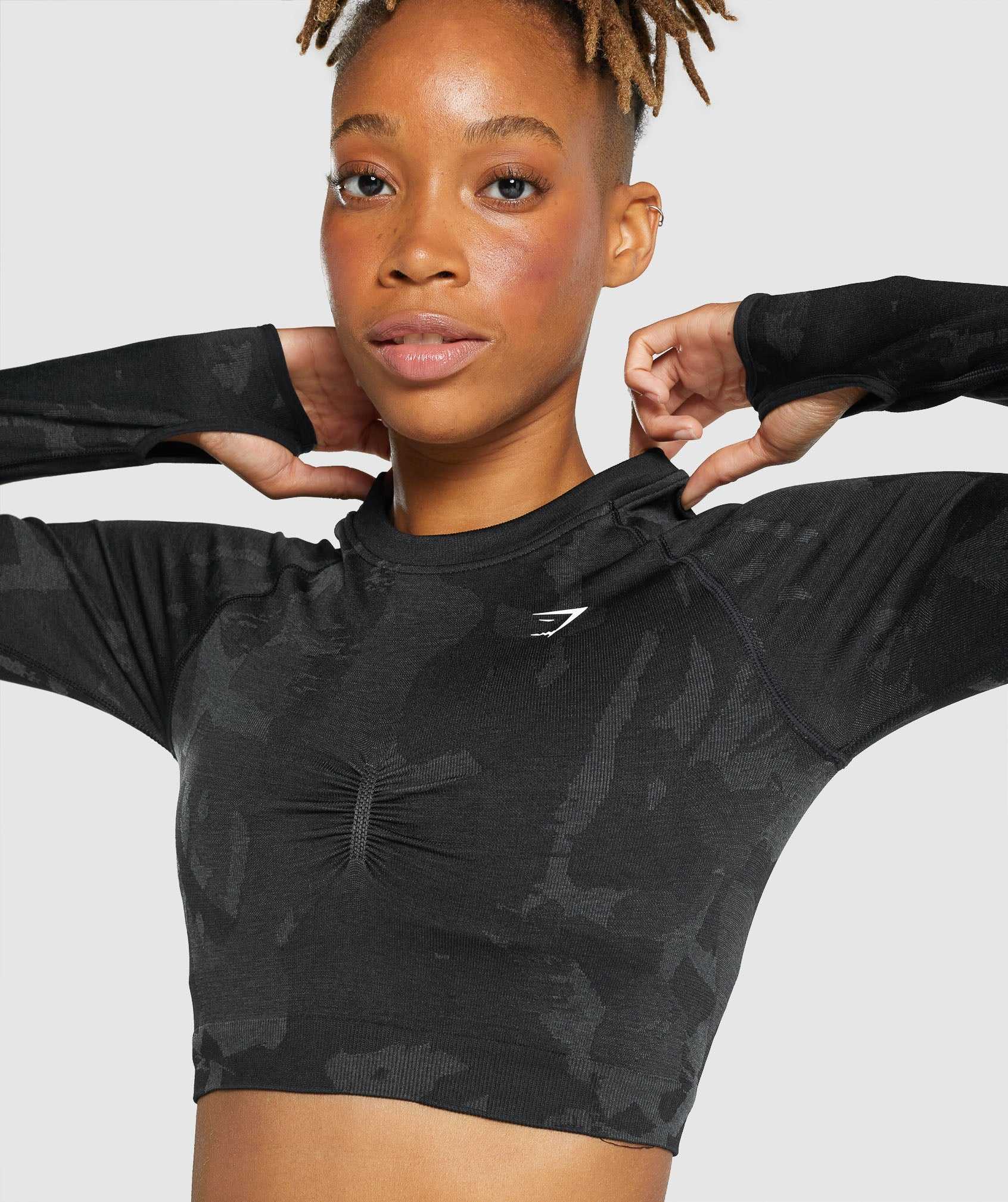 Black Gymshark Adapt Camo Seamless Long Sleeve Crop Women's Tops | PMRZYW615