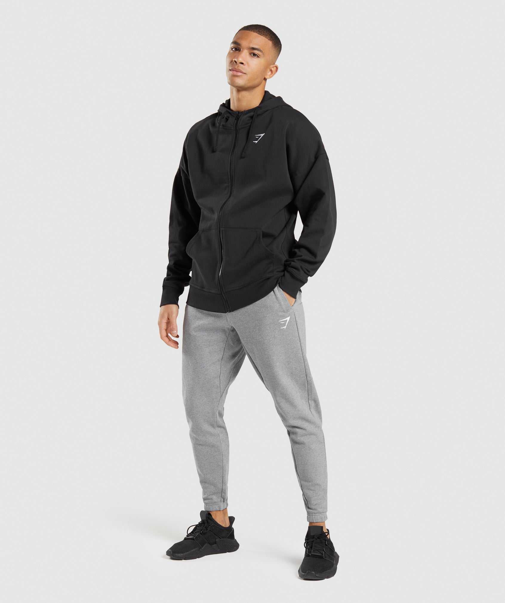 Black Gymshark Essential Oversized Zip Up Men's Hoodie | PROFDC168