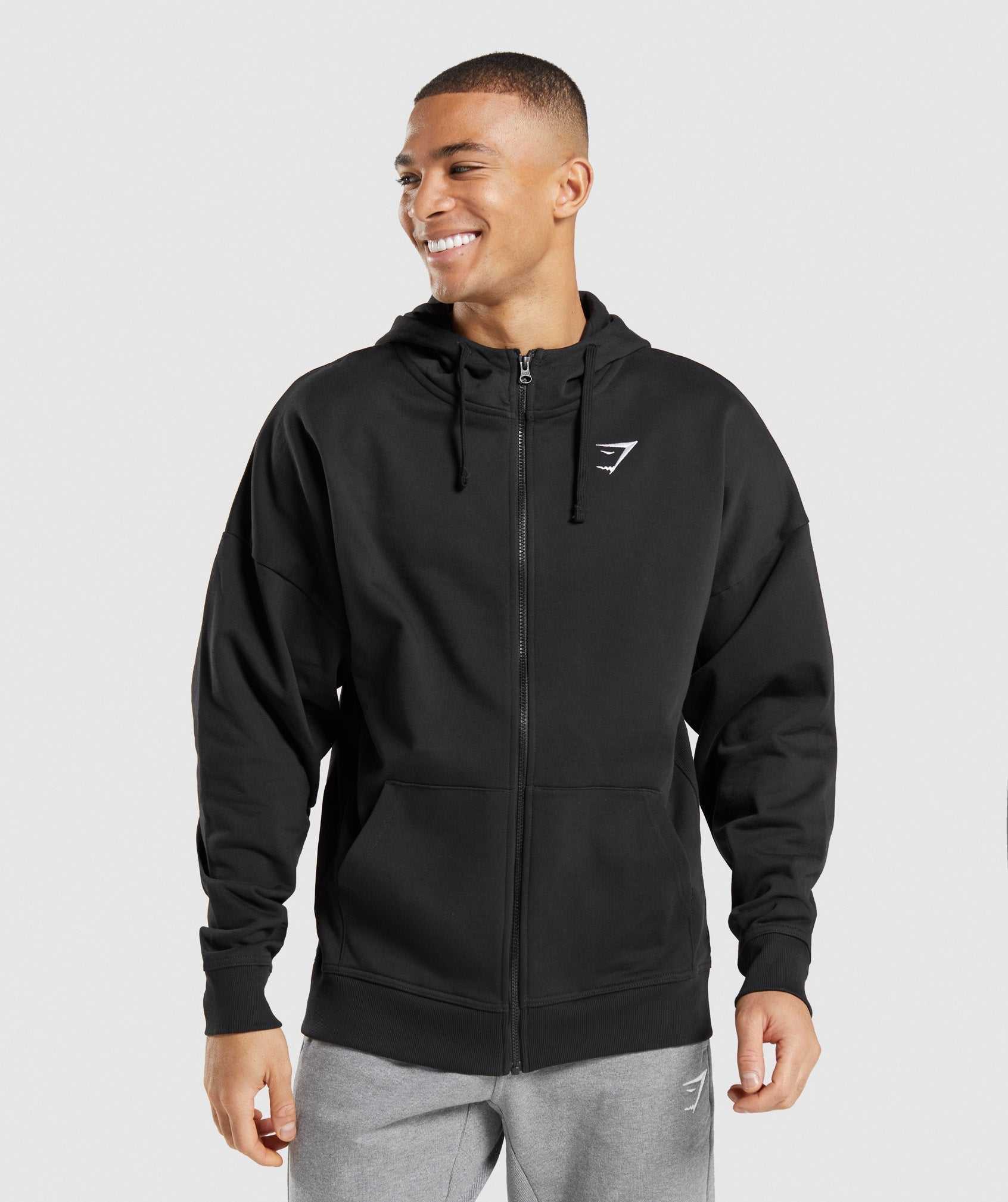 Black Gymshark Essential Oversized Zip Up Men\'s Hoodie | PROFDC168