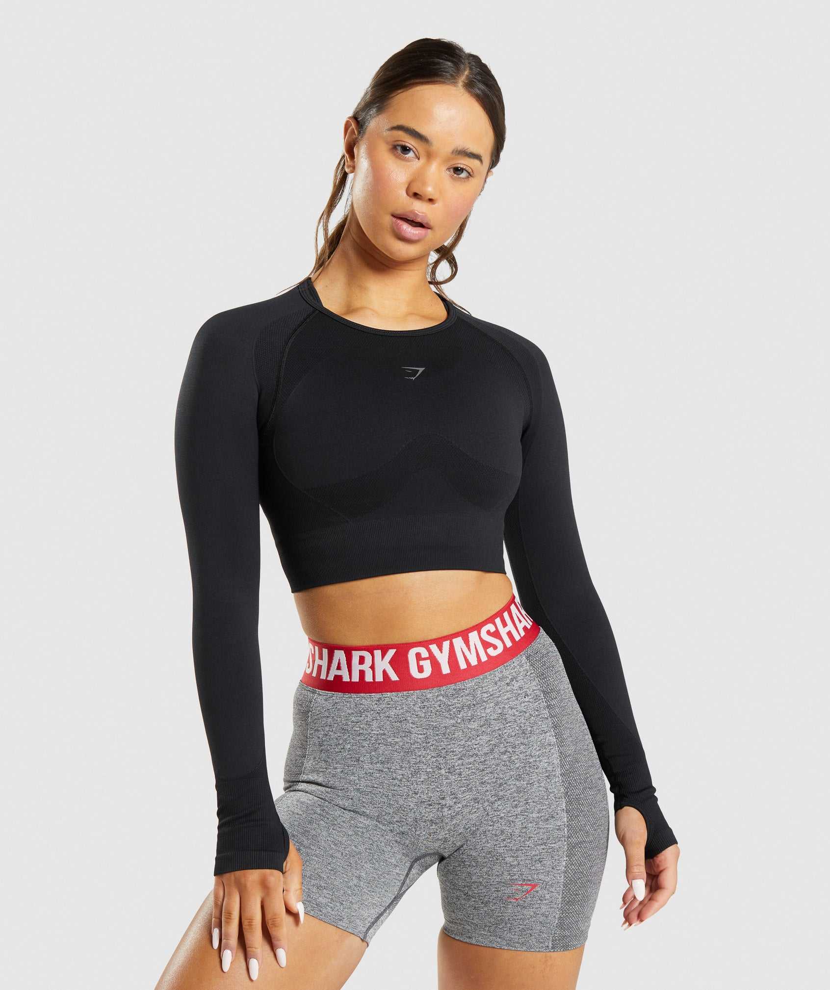 Black Gymshark Flex Sports Long Sleeve Crop Women\'s Tops | FICKEY361