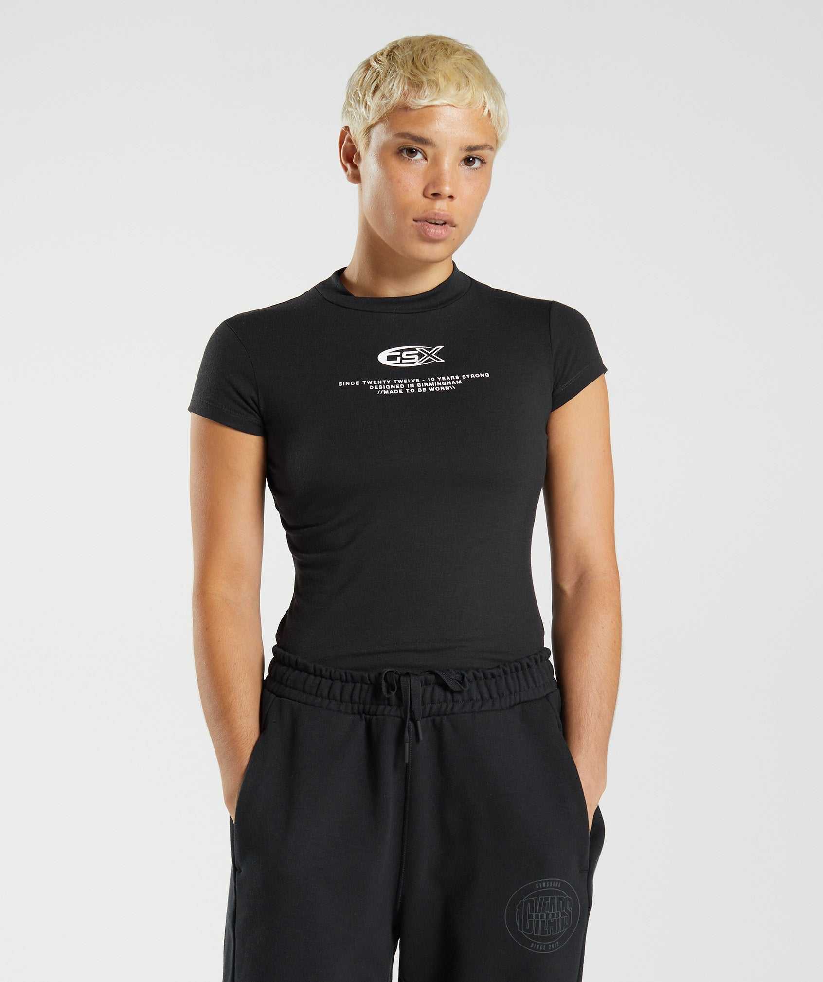 Black Gymshark GS10 Year Body Fit Women's T Shirts | CKFQGS349