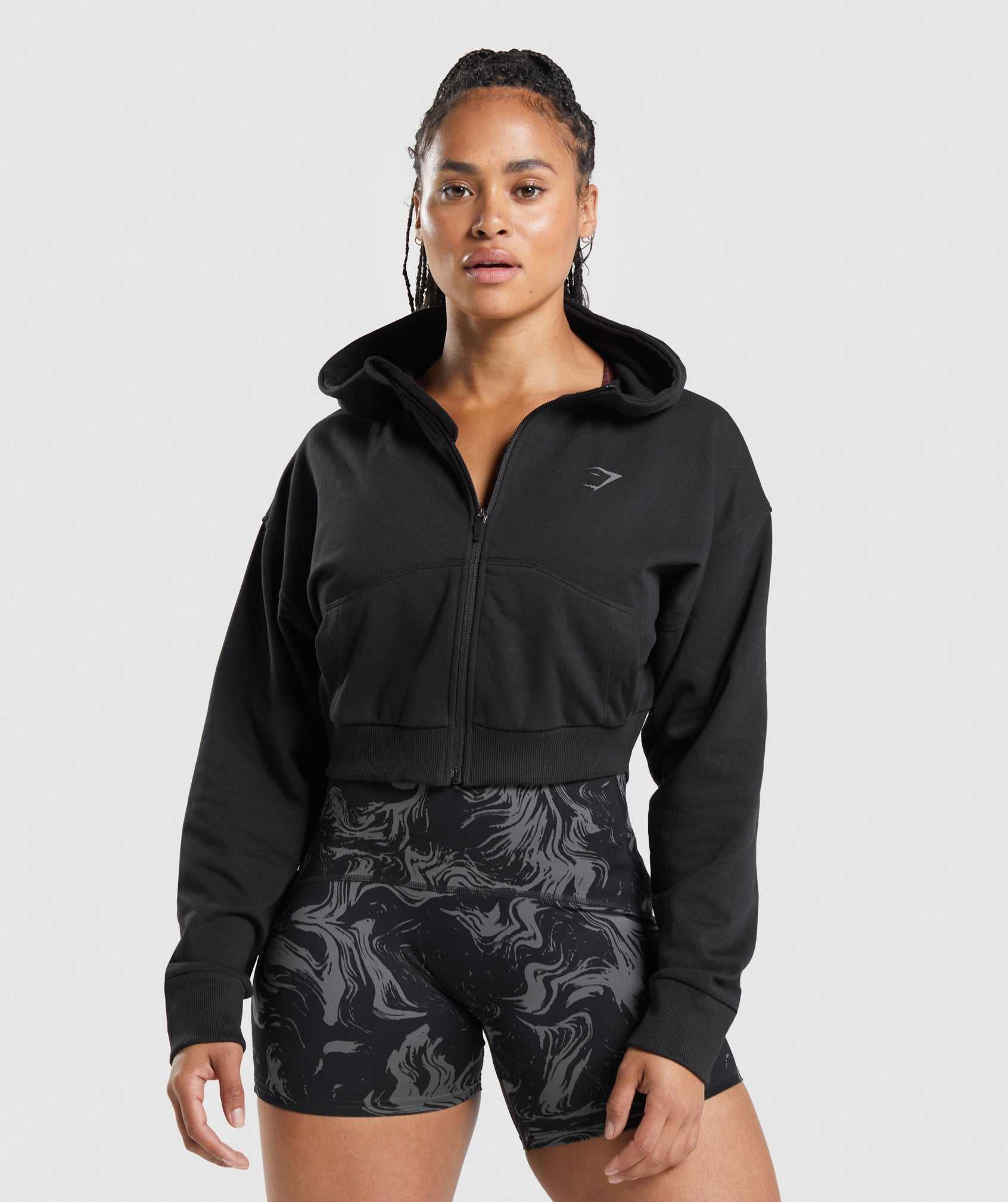 Black Gymshark GS Power Cropped Zip Women\'s Hoodie | GURCTO678