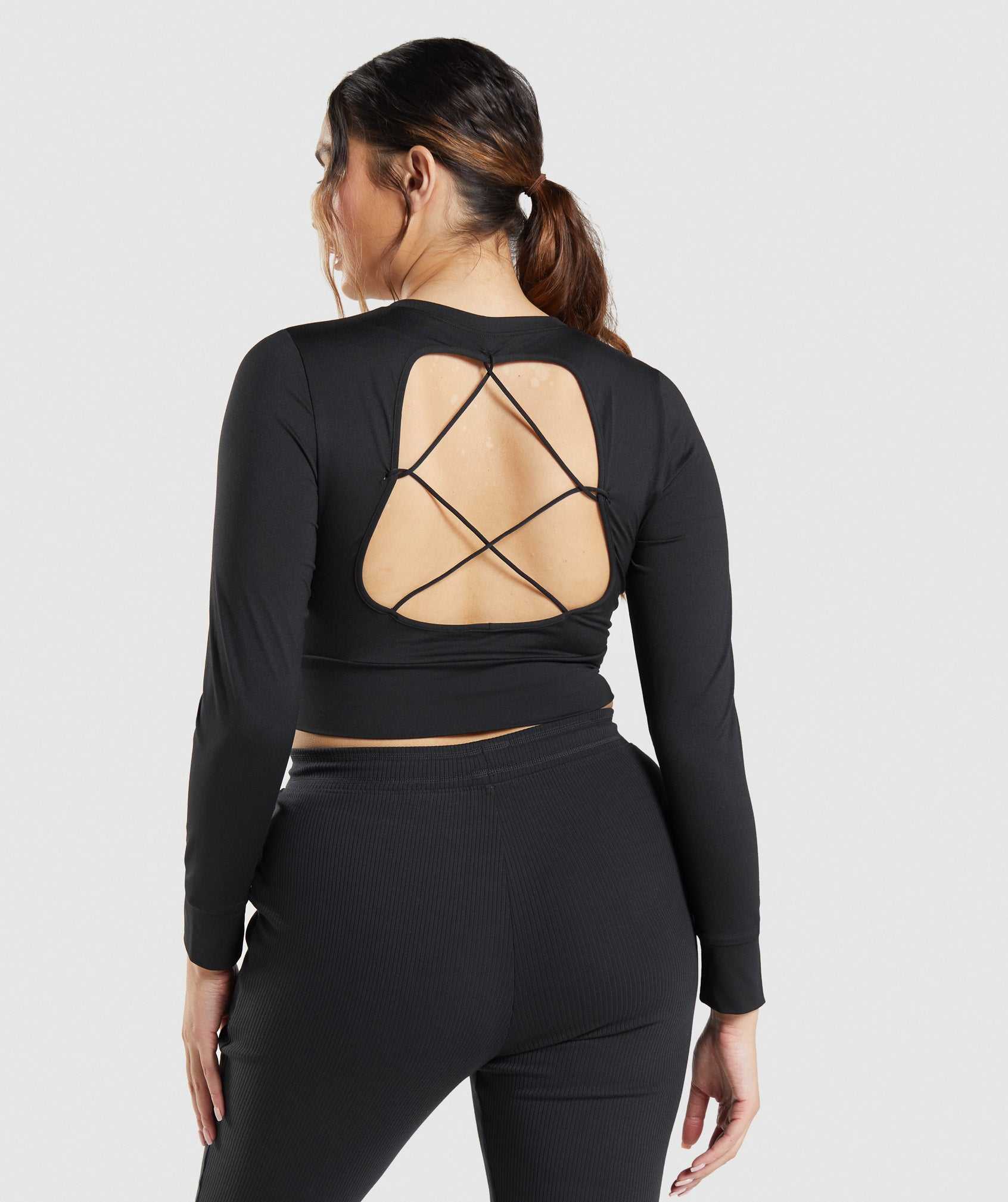 Black Gymshark Pause Open Back Long Sleeve Crop Women's Tops | NRHAIJ687