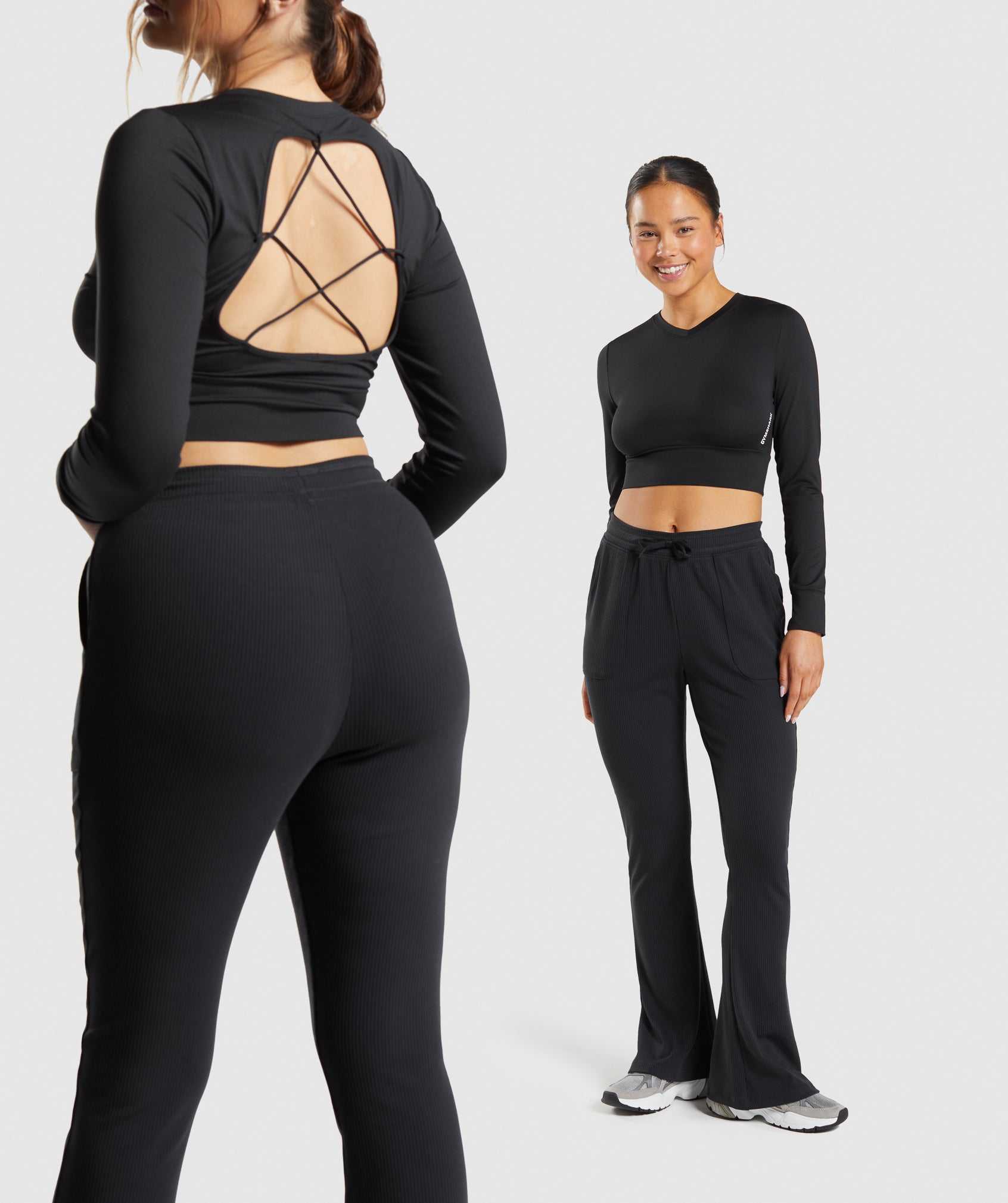 Black Gymshark Pause Open Back Long Sleeve Crop Women's Tops | NRHAIJ687