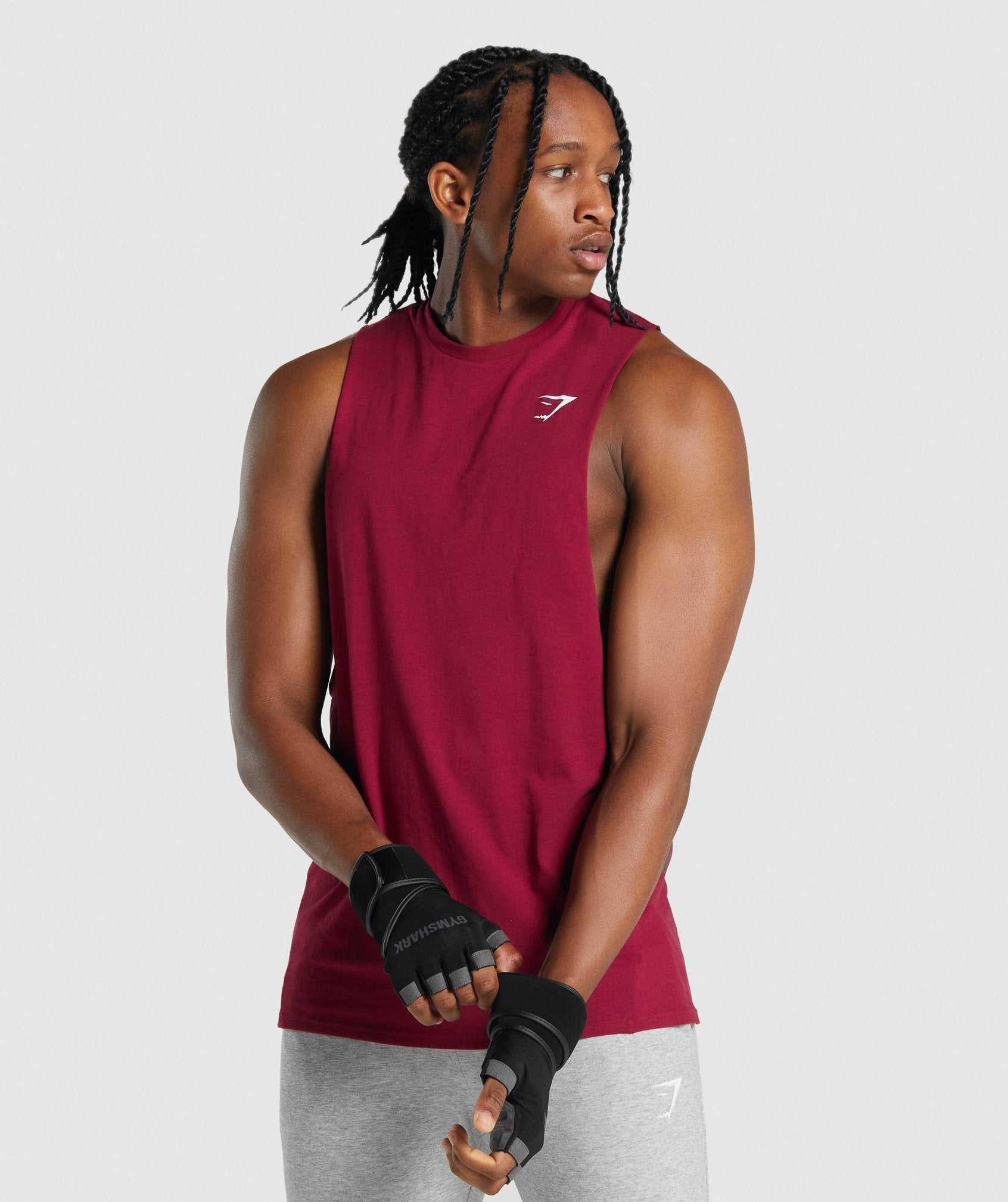 Burgundy Gymshark Critical 2.0 Drop Arm Men's Tanks | DYNJPG983